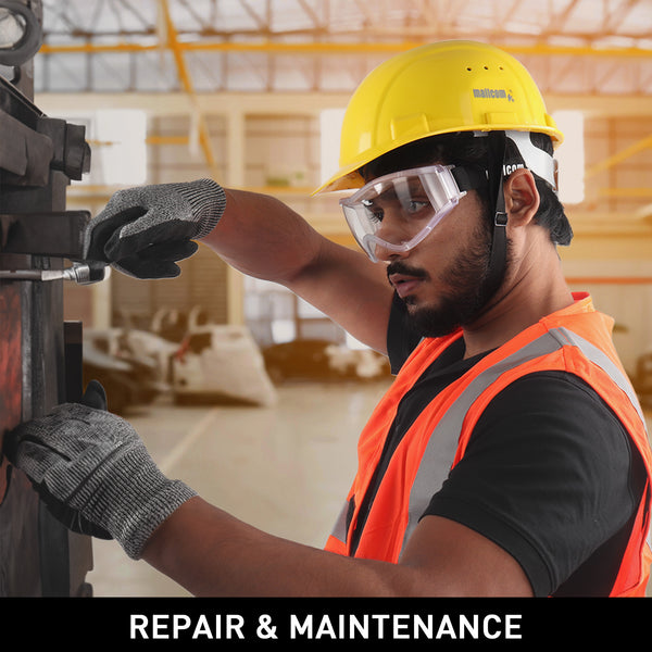 Mallcom Cirrus safety goggles with a clear polycarbonate construction and a black PVC frame.