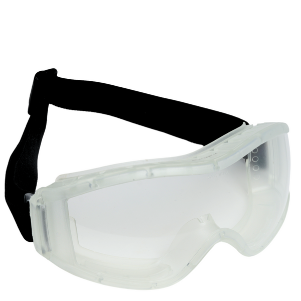 Side view of Mallcom Cirrus industrial safety goggles showing flexible PVC frame and indirect ventilation