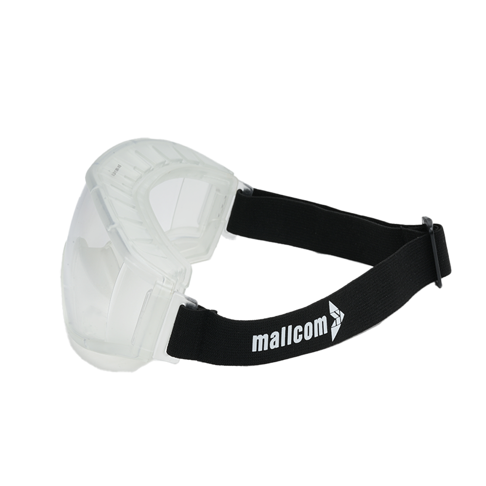 Mallcom Cirrus safety goggles with a clear polycarbonate construction and a black PVC frame.