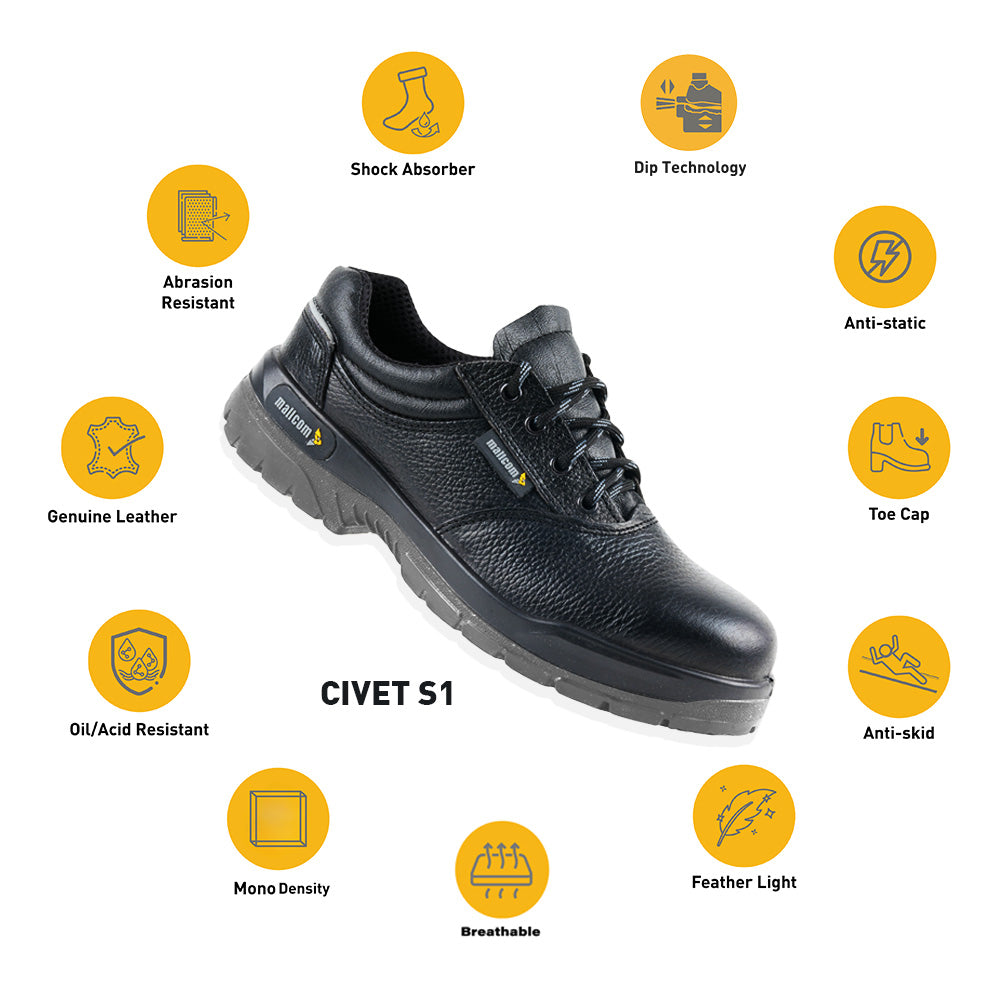 Civet high ankle safety boots with highlighted safety, comfort, and durability features.