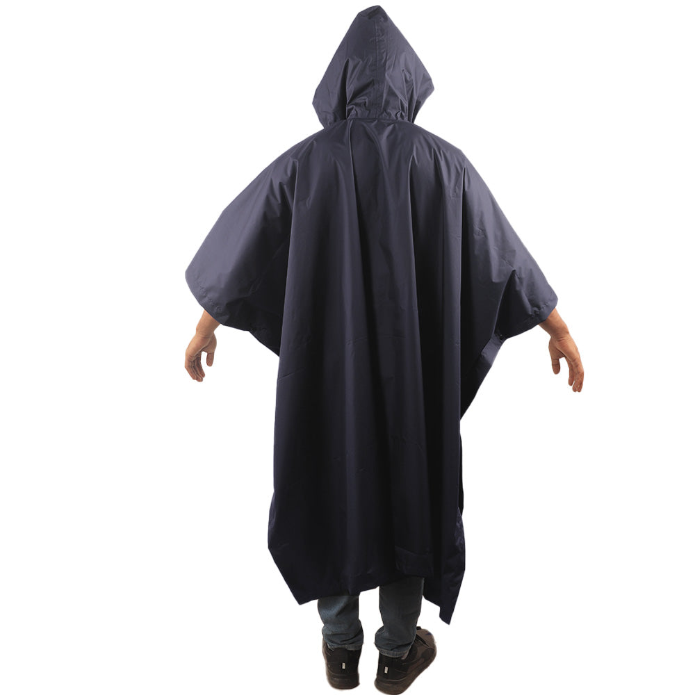 Back view of the hood on the navy blue CUMULUS raincoat showing protective coverage.