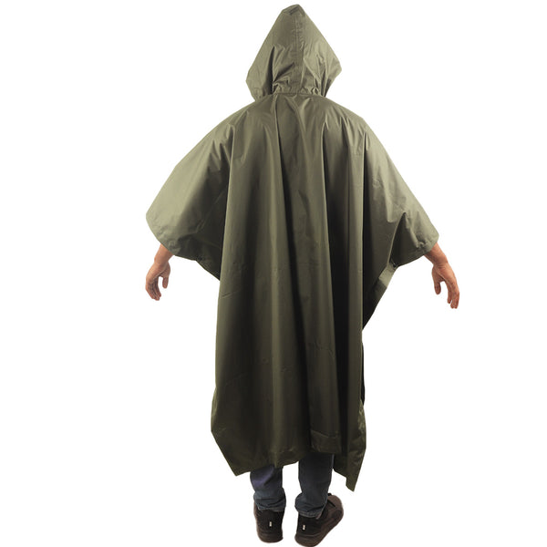 Back view of the hood on the olive green CUMULUS raincoat showing protective coverage.