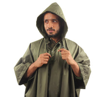 Front view of the adjustable hood on the olive green CUMULUS raincoat.