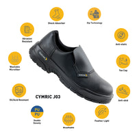Cymric safety shoes with highlighted comfort, hygiene, and workplace safety features.