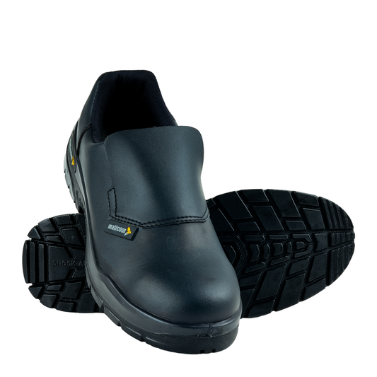 Front view of Cymric safety shoes with slip-on design and washable microfiber upper.