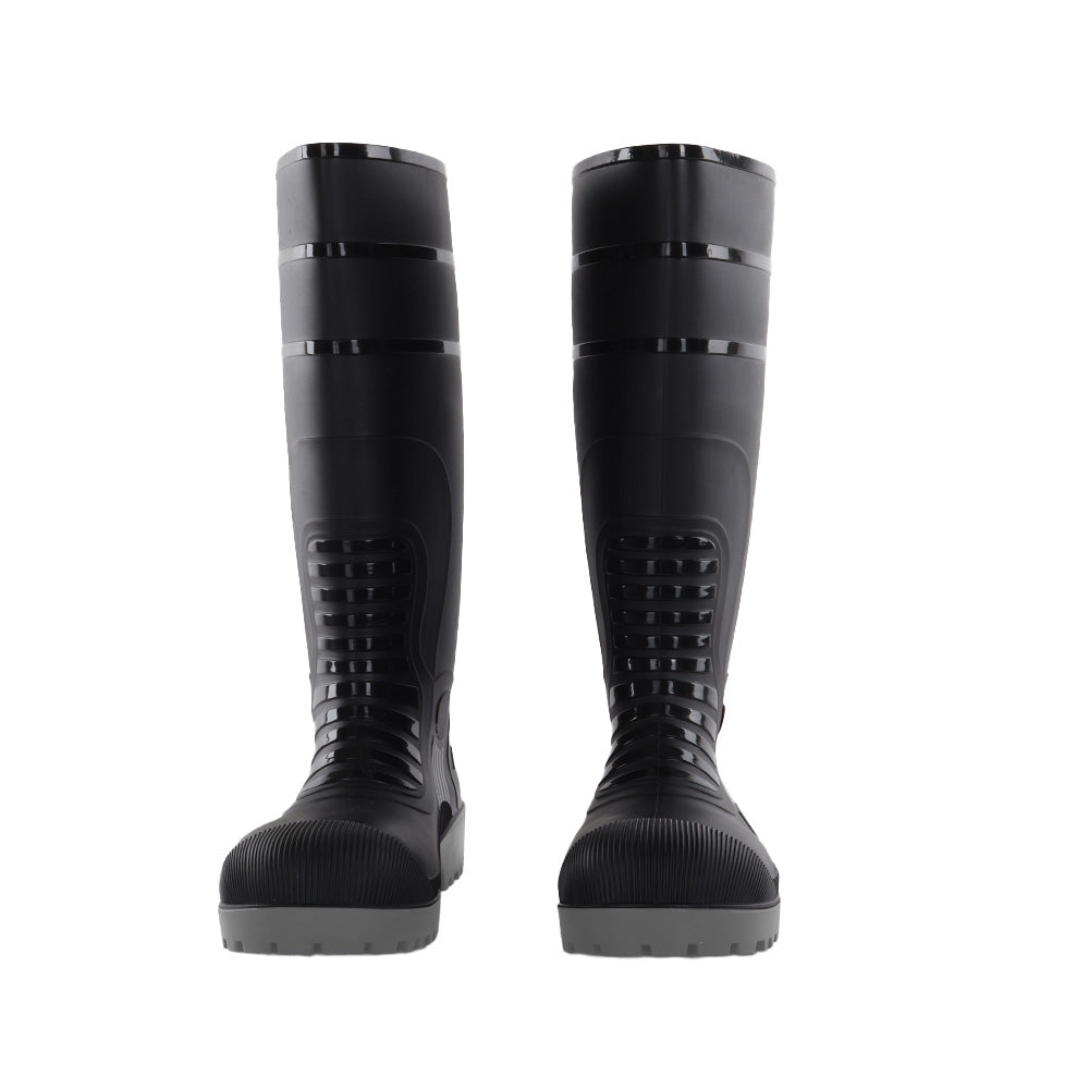 Front view of Dalfon black safety boots with waterproof PVC construction and protective toe design.
