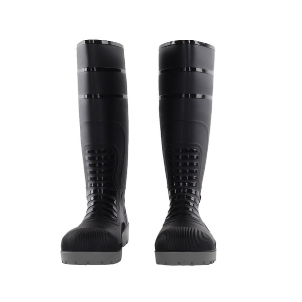 Front view of Dalfon black safety boots with waterproof PVC construction and protective toe design.