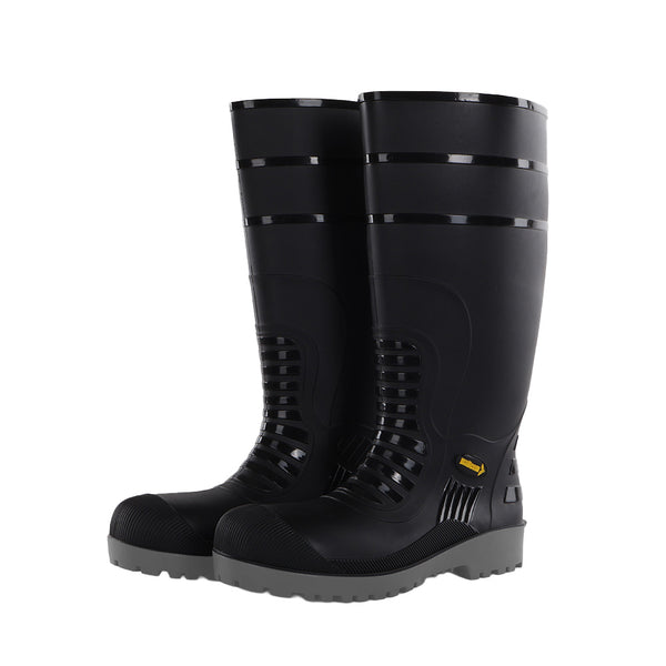 Pair of black safety boots with waterproof PVC construction with a brand logo.