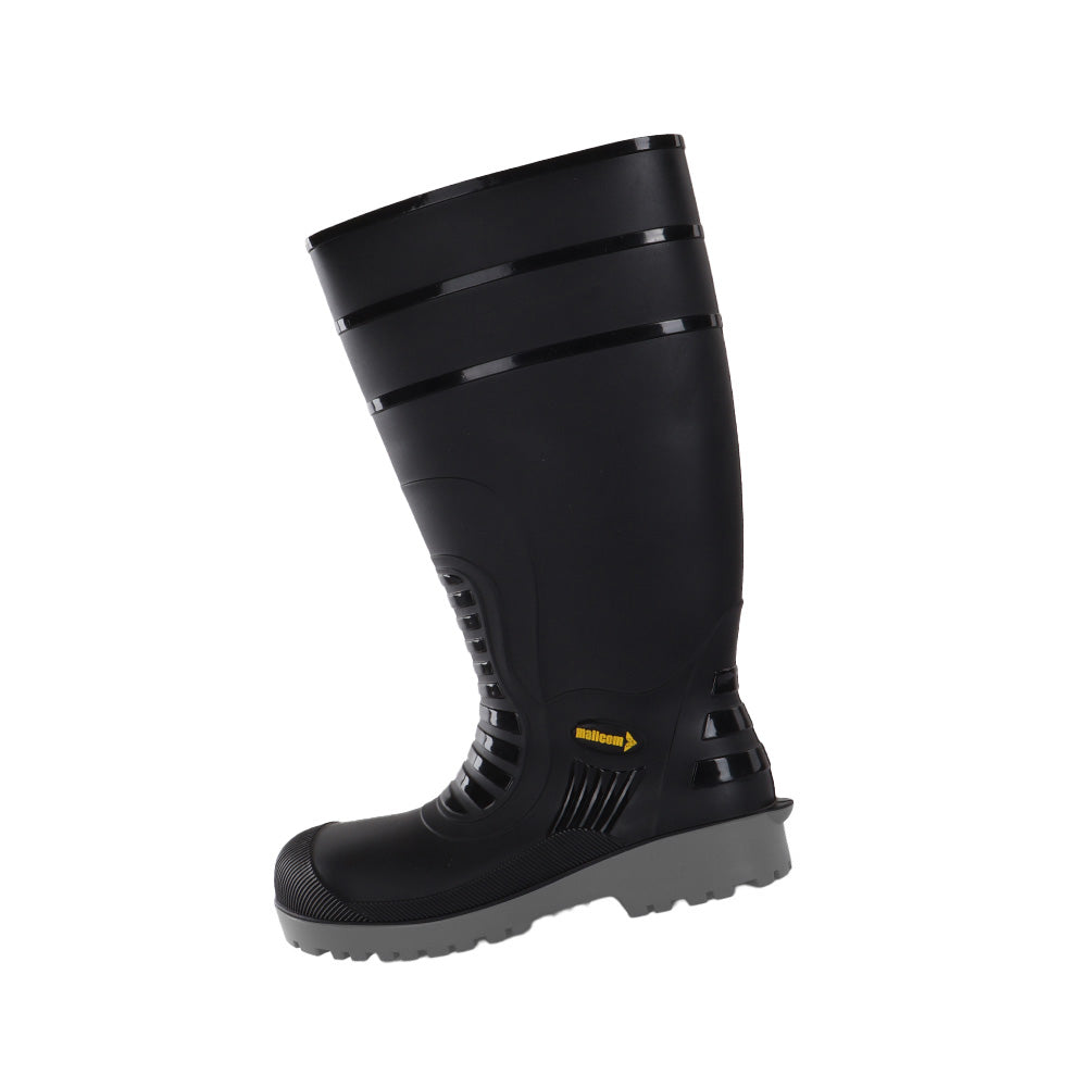 Left-side view of Dalfon black safety boots with waterproof PVC construction and durable outsole.