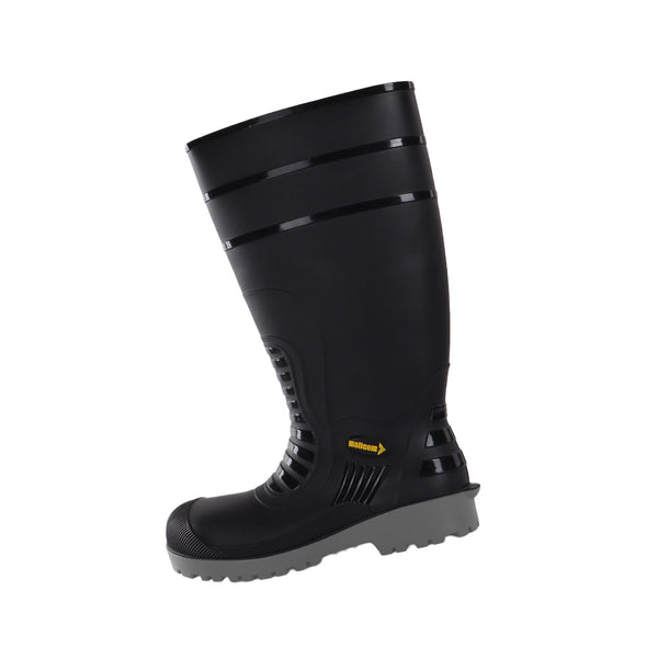 Left-side view of Dalfon black safety boots with waterproof PVC construction and durable outsole.
