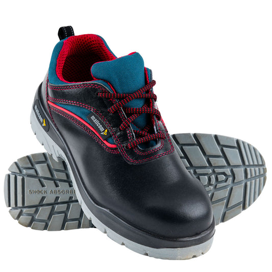 Front view of Devon safety shoes with black wood print leather upper, lace-up design, and steel toe protection.