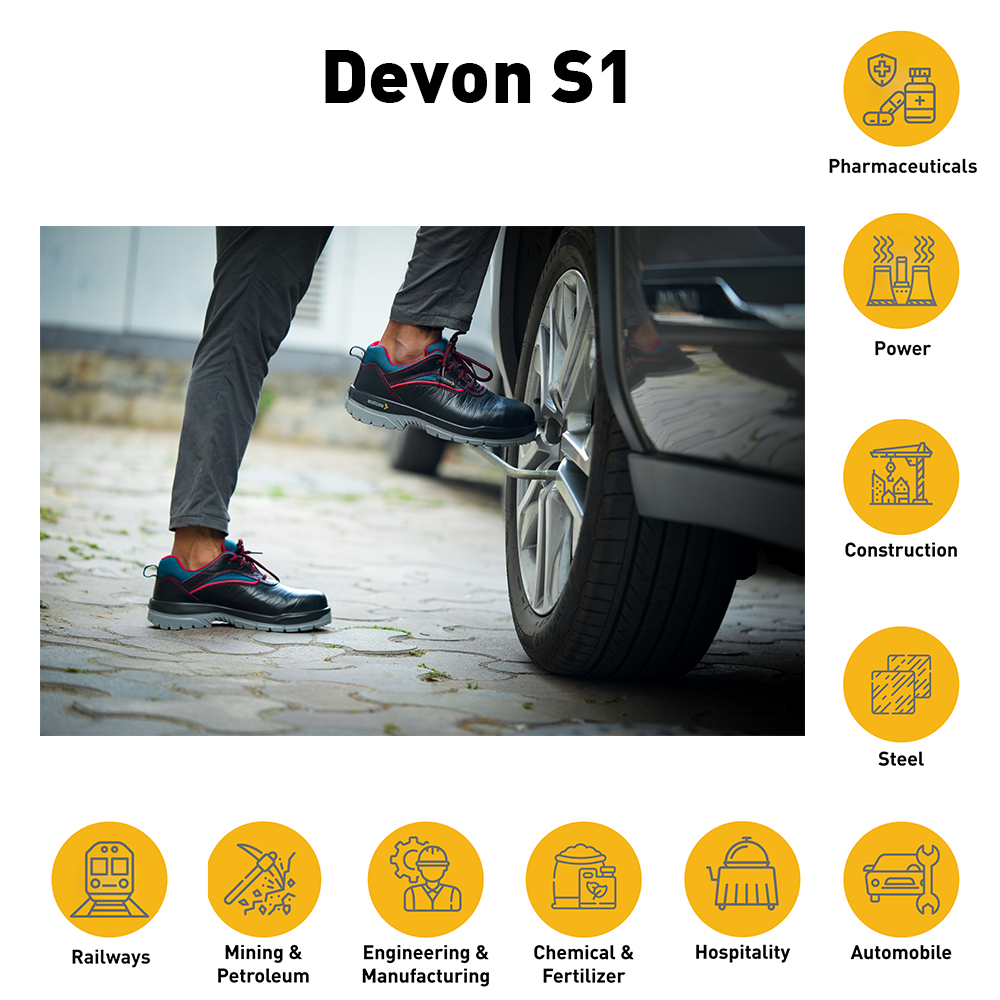 Devon safety shoes used in construction, manufacturing, engineering, and industrial work environments.