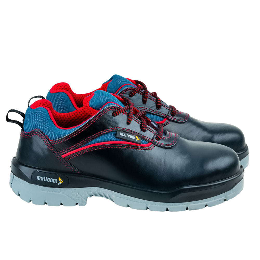 Pair of Devon safety shoes featuring a black leather upper, steel toe protection, and dual-density PU sole.