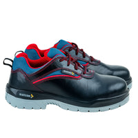 Pair of Devon safety shoes featuring a black leather upper, steel toe protection, and dual-density PU sole.