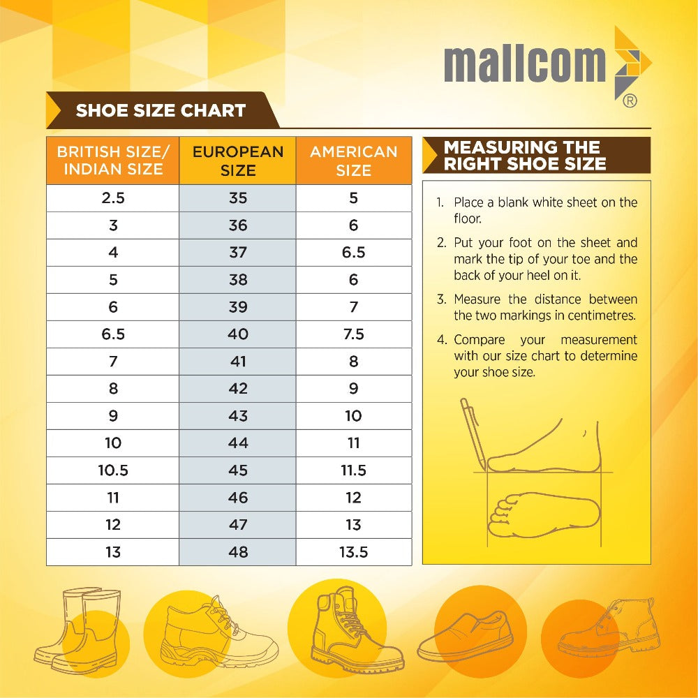 Devon safety shoes size chart showing available sizes, fitting guidance, and measurement details for users.