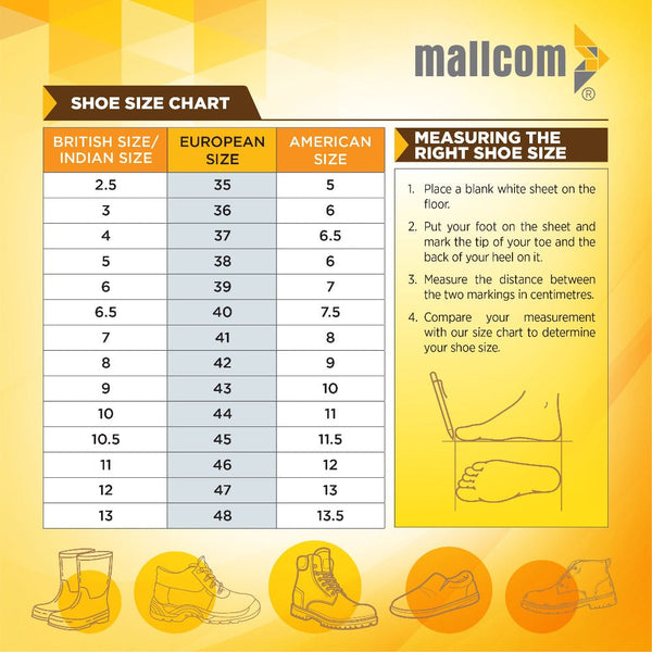 Devon safety shoes size chart showing available sizes, fitting guidance, and measurement details for users.