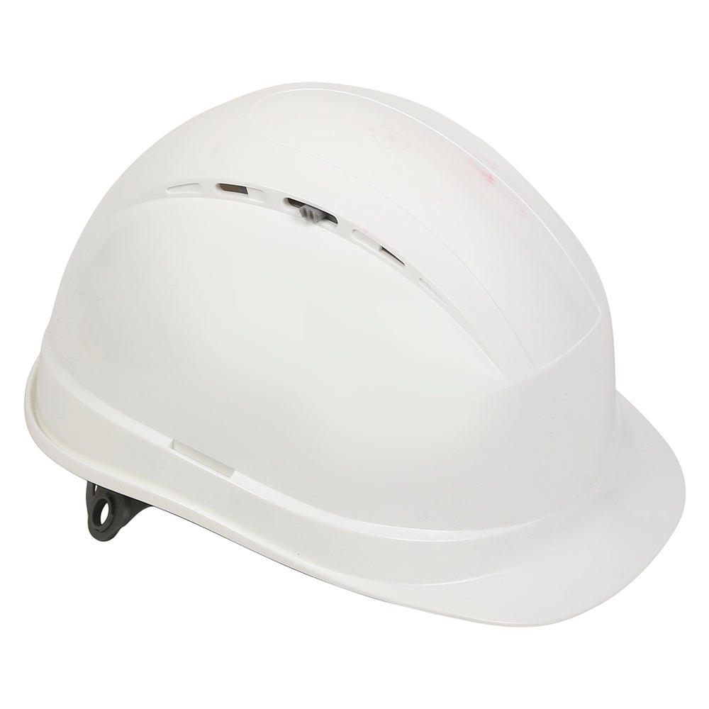 Side view of the Diamond XIII white ventilated safety helmet highlighting its durable HDPE shell and protective design.