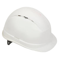 Side view of the Diamond XIII white ventilated safety helmet highlighting its durable HDPE shell and protective design.