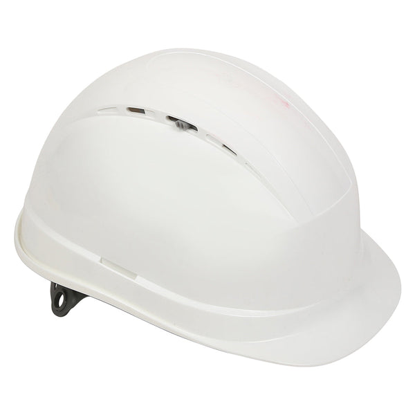 Side view of the Diamond XIII white ventilated safety helmet highlighting its durable HDPE shell and protective design.