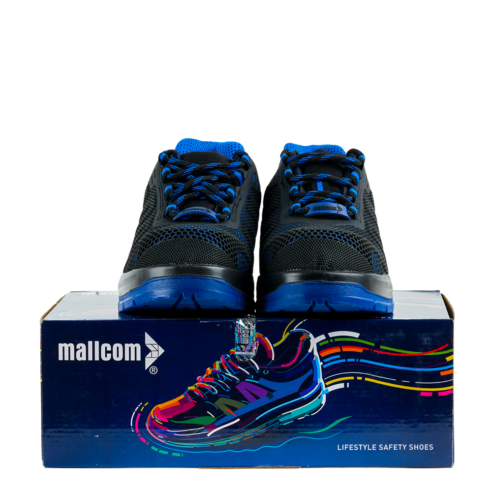 Freddie G22 safety shoes displayed with product packaging box.