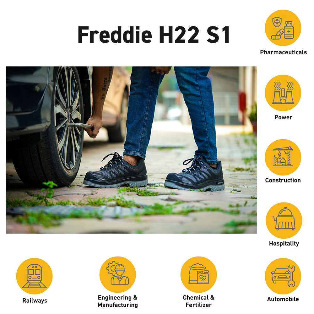 Freddie H22 safety shoes used in industrial, manufacturing, and workplace environments for protection and comfort.