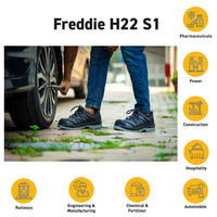 Freddie H22 safety shoes used in industrial, manufacturing, and workplace environments for protection and comfort.