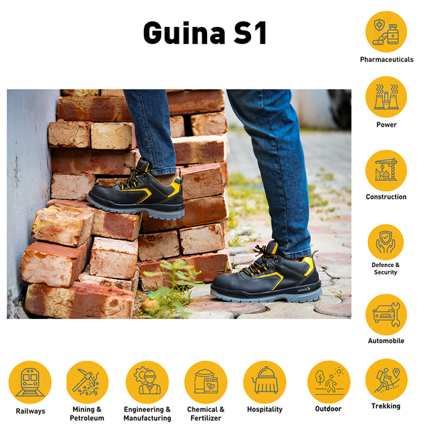 Guina safety shoes used in construction, manufacturing, warehousing, logistics, and industrial workplaces.
