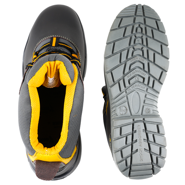 Outsole view of Guina safety shoes showing slip-resistant tread pattern and durable dual-density PU sole.