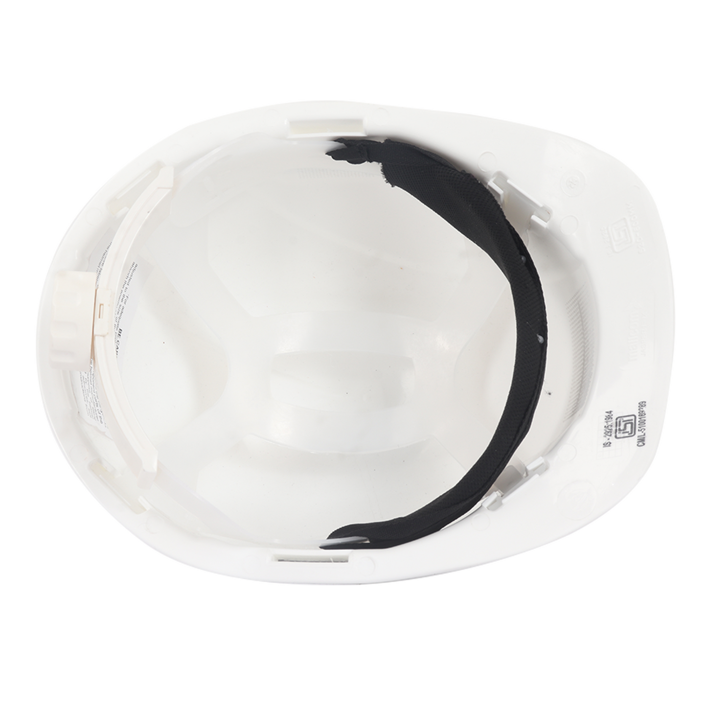 Plastic harness system inside the Jasper II white safety helmet for stability and wearer comfort.