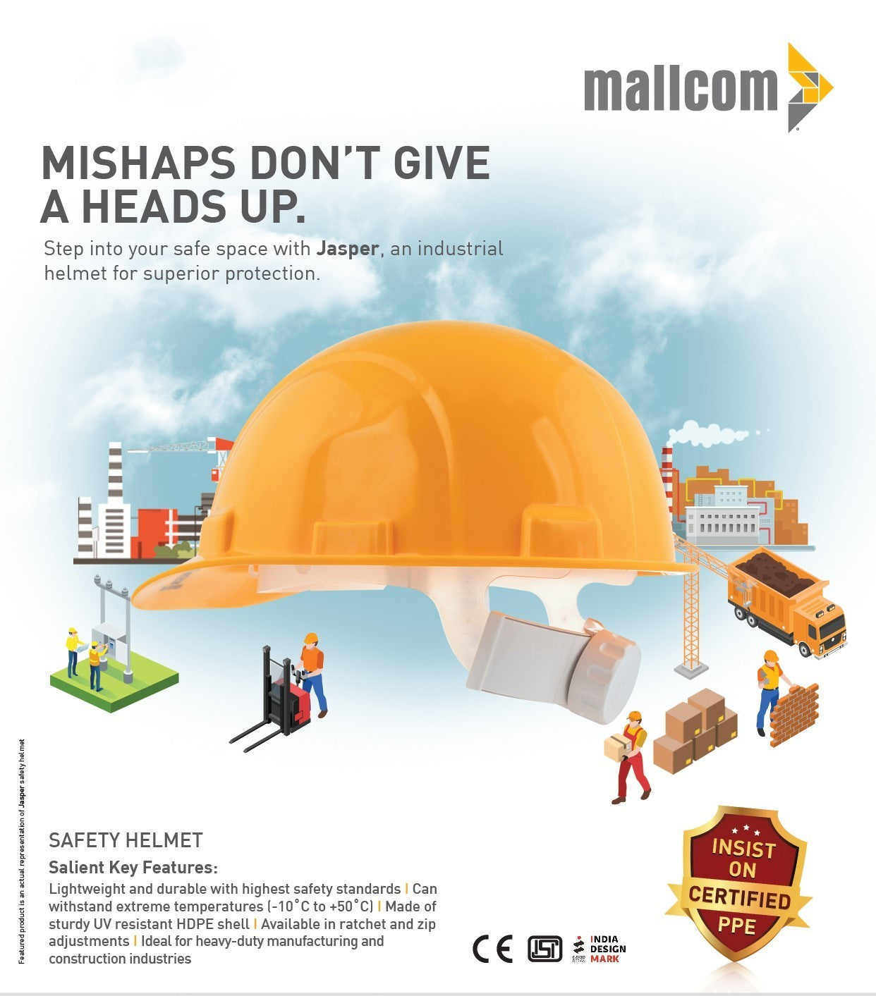 Jasper II yellow safety helmet compliant with PPE Regulation 2016/425 Category II requirements.