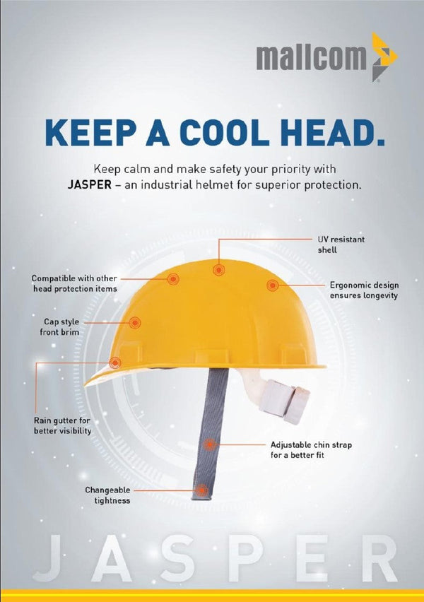 Jasper II yellow safety helmet featuring a UV-resistant HDPE shell, secure adjustment system, and durable protective construction.