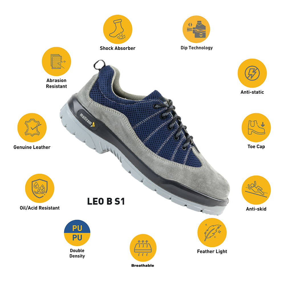 LEO B safety shoes with highlighted safety, comfort, and durability features.