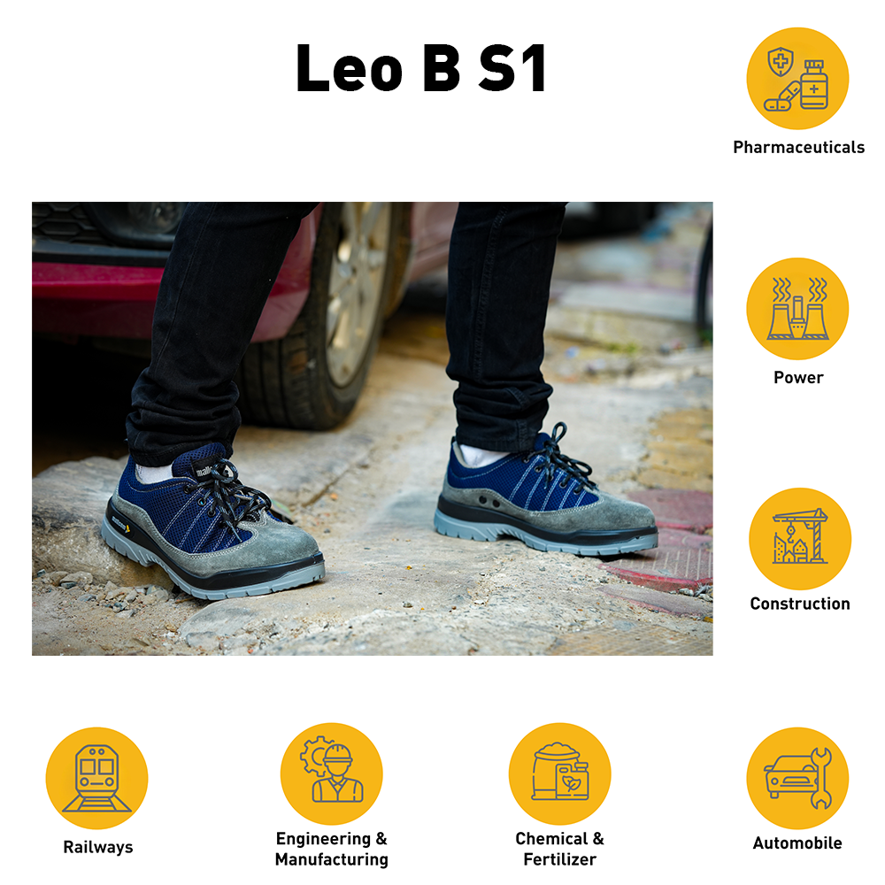 LEO B low ankle safety shoes used in construction, manufacturing, warehousing, and industrial work environments.