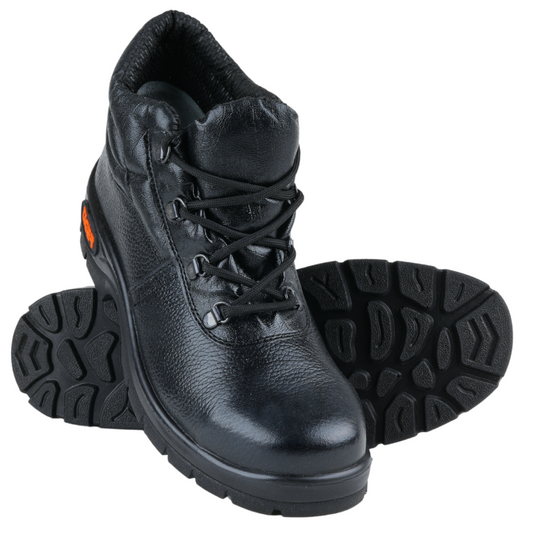 Mallcom Leopard high ankle steel toe safety shoes featuring anti-slip PU sole, leather upper and industrial-grade tread pattern