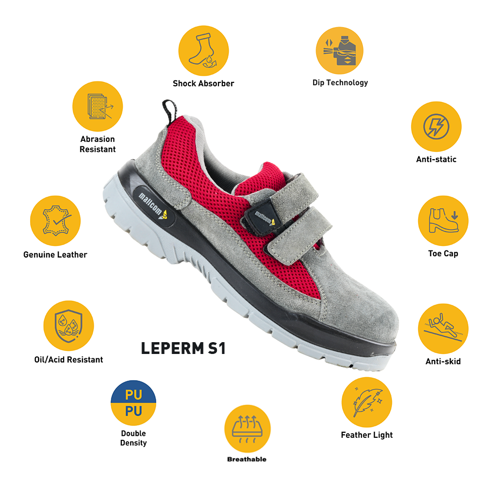 Grey and red low ankle steel toe safety shoe with highlighted features including suede leather upper, Velcro closure, antistatic protection, and PU sole.