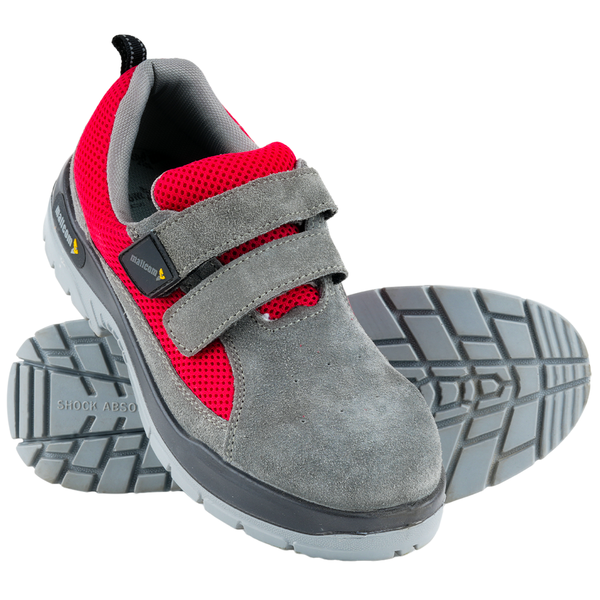 Front view of grey and red low ankle steel toe safety shoes with Velcro closure.