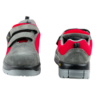 Front and back views of grey and red low ankle steel toe safety shoes with Velcro closure
