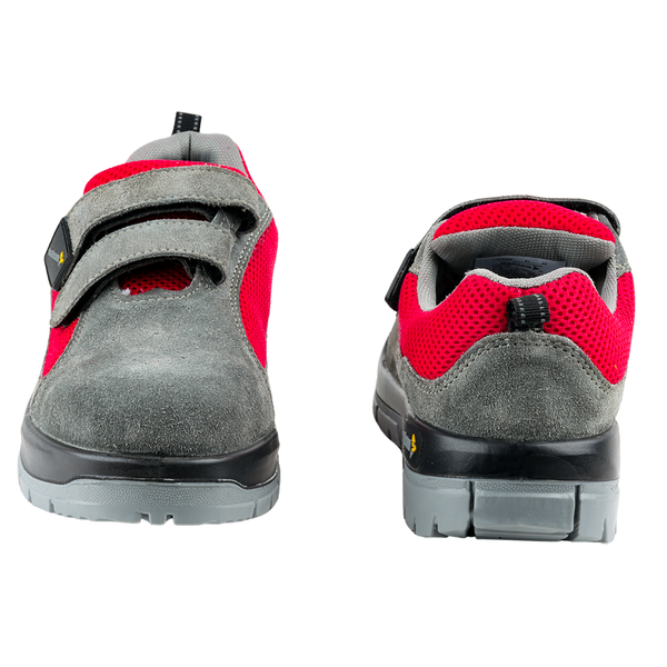 Front and back views of grey and red low ankle steel toe safety shoes with Velcro closure