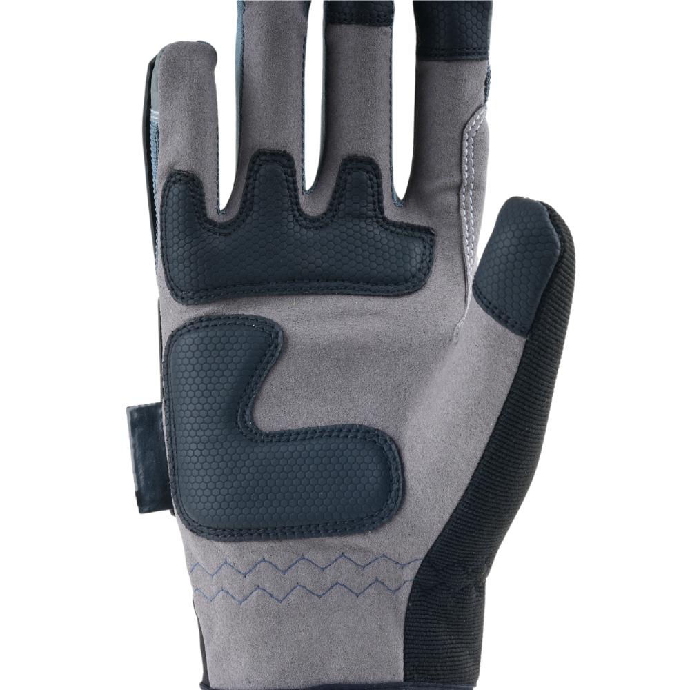 Close-up view of MACH 22 safety gloves showing honeycomb PU grip texture and protective details.
