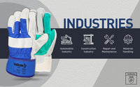 Worker wearing leather safety gloves for material handling and industrial protection tasks