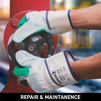 Worker wearing leather safety gloves for material handling and industrial protection tasks