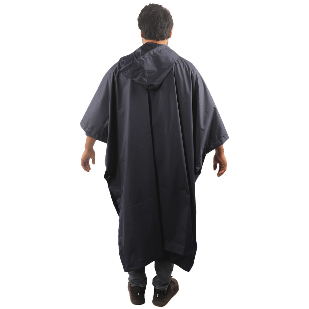 Back view of the navy blue CUMULUS raincoat showcasing full-length rain protection and waterproof design.