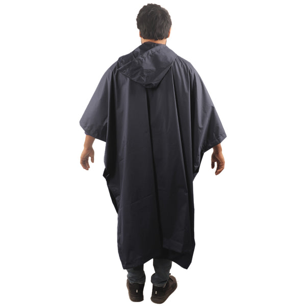 Back view of the navy blue CUMULUS raincoat showcasing full-length rain protection and waterproof design.