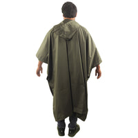 Back view of the olive green CUMULUS raincoat showcasing full-length rain protection and waterproof design.