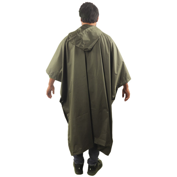 Back view of the olive green CUMULUS raincoat showcasing full-length rain protection and waterproof design.