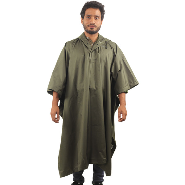 Front view of the olive green CUMULUS raincoat featuring snap button closure and waterproof construction.