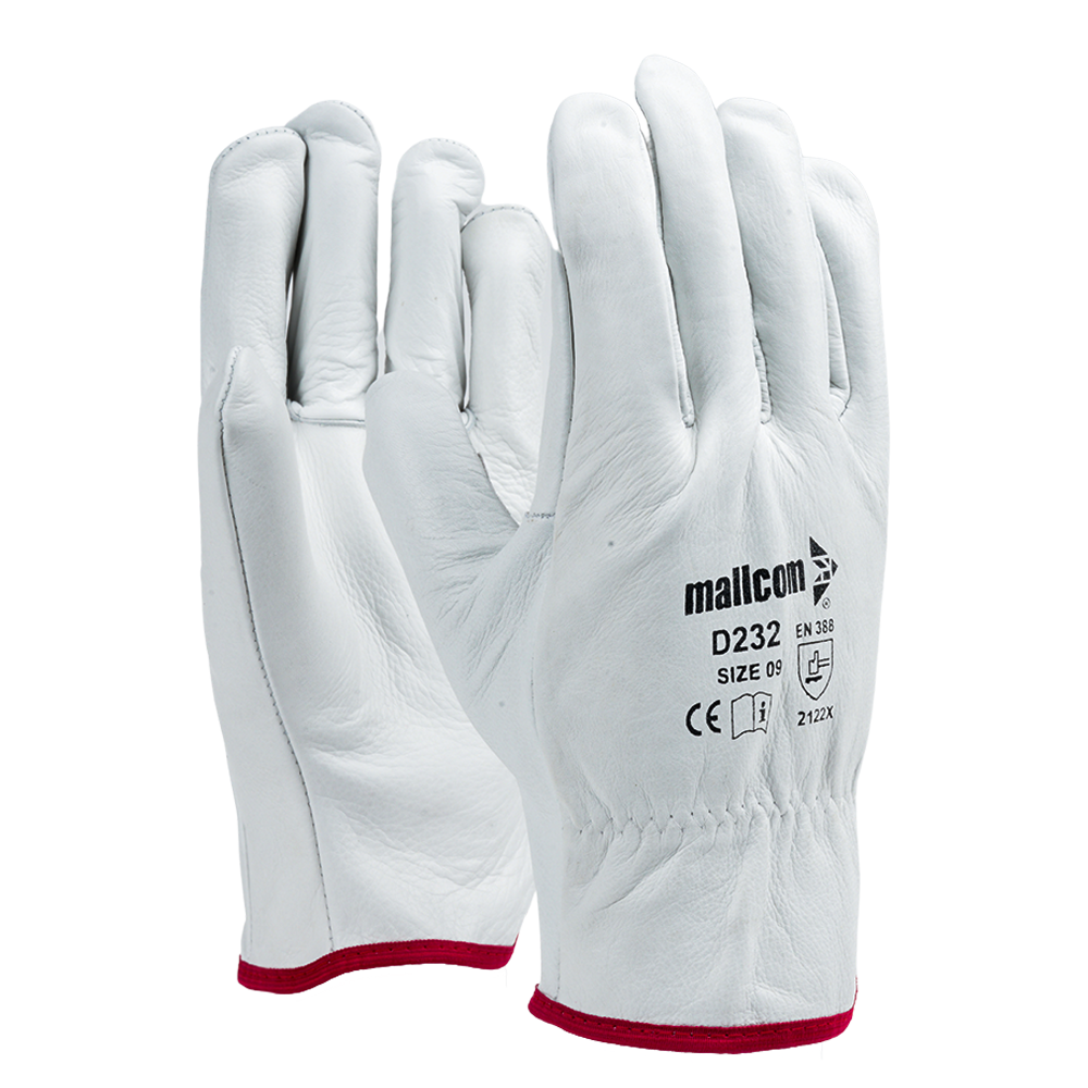 D232 safety gloves with reinforced leather construction, cotton lining, and knuckle protection for industrial hand safety.