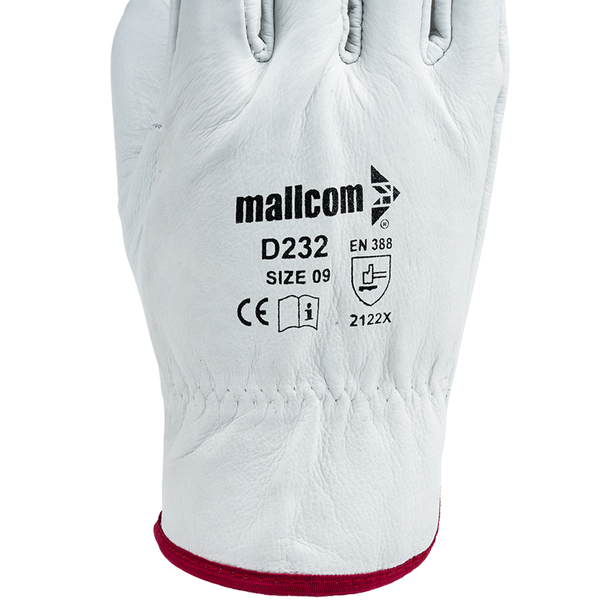 Close-up view of D232 safety gloves showing leather texture, stitching quality, and protective details.