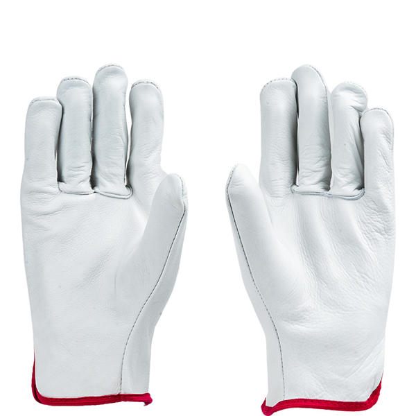 Front view of D232 safety gloves featuring reinforced leather construction and comfortable cotton lining.