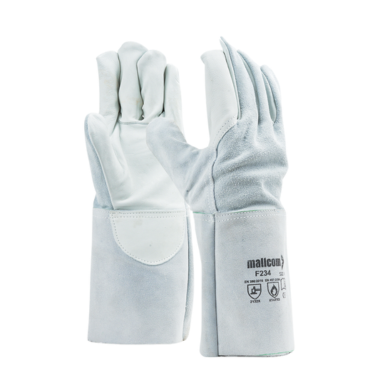 F234 safety gloves with natural grain leather palm, split leather back, and heat-resistant design for welding applications.